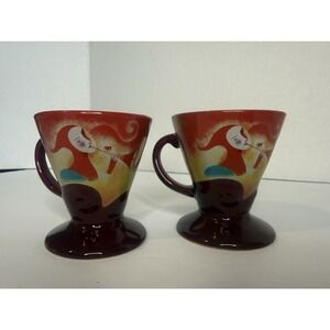Linda Brisichta Signed Ceramic Mugs Set of 2 Red Yellow Blue Brown Made in China